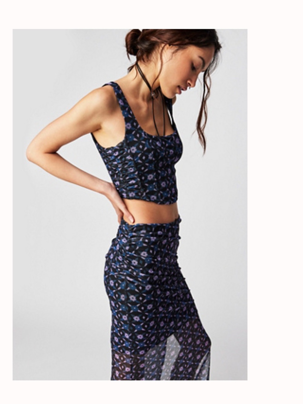 Free People Navy and Purple Floral Midi Skirt Night Sky Combo
